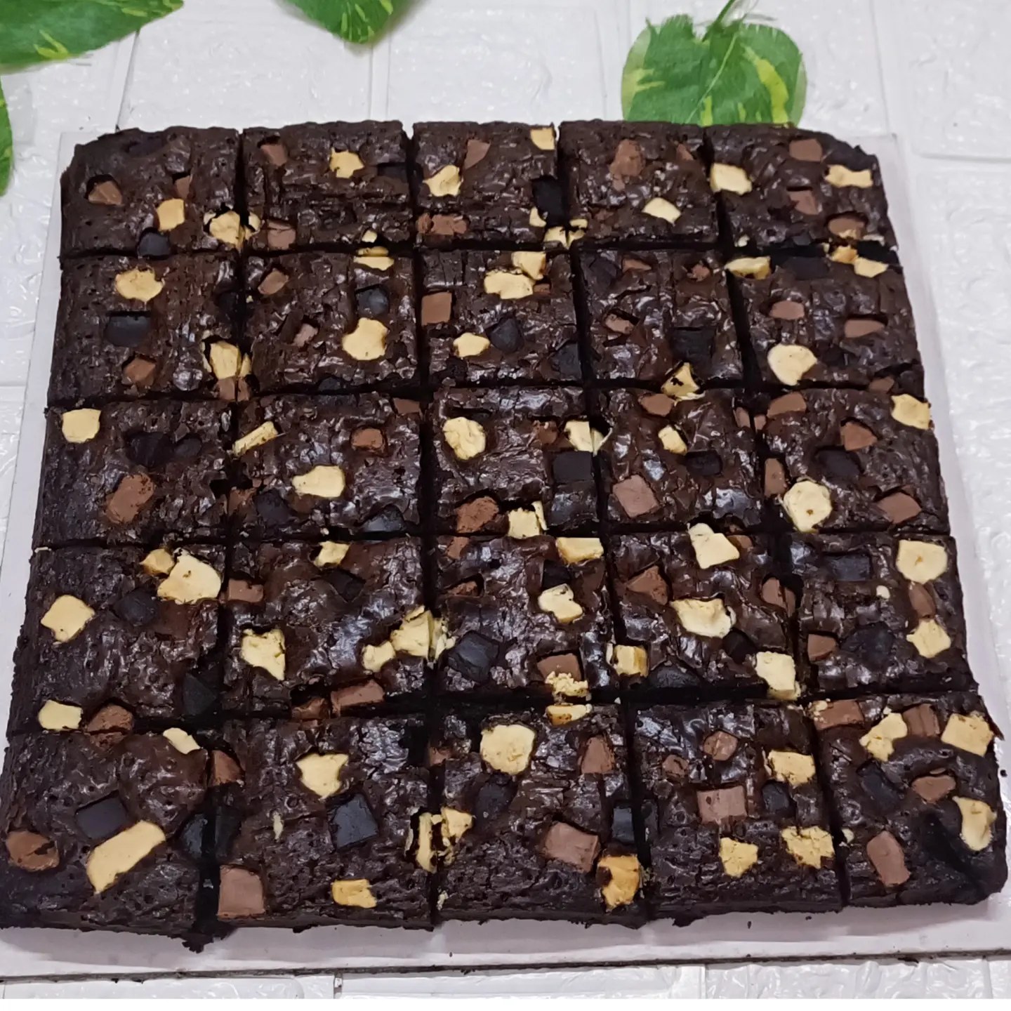 Walnut brownie slab close up